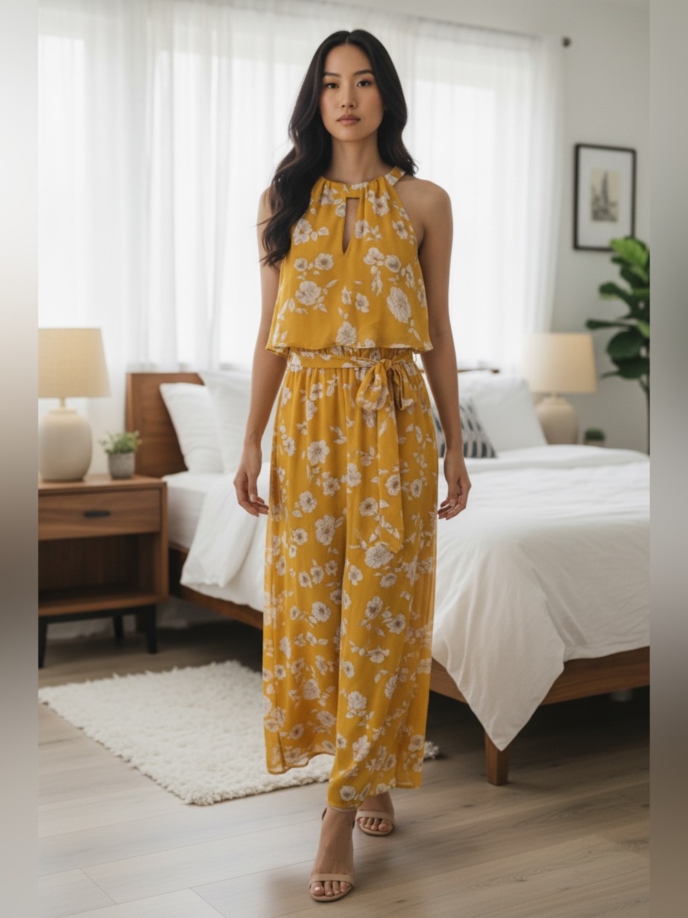 Adrianna Papell Yellow Floral Halter Dress